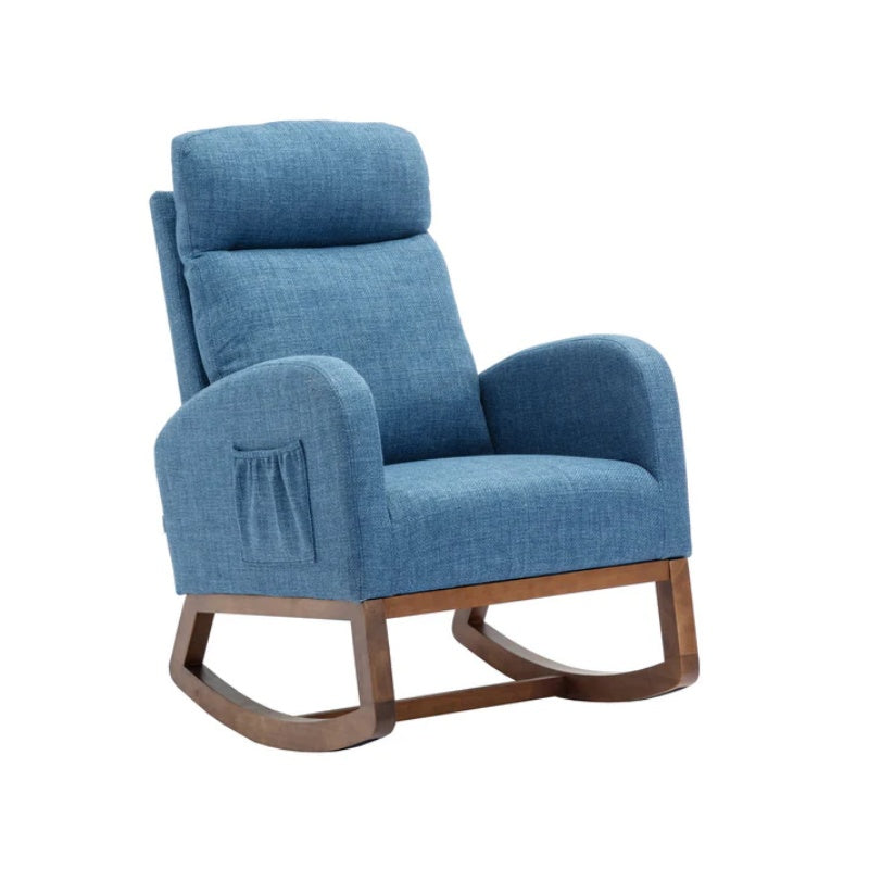 Rocking Chair, Modern Glider Chair, Recliner Armchair with Wood Legs and Side Pocket, Nursery Rocking Accent Chair with High Back for Living Room Bedroom (Blue linen)-海智集-Default-