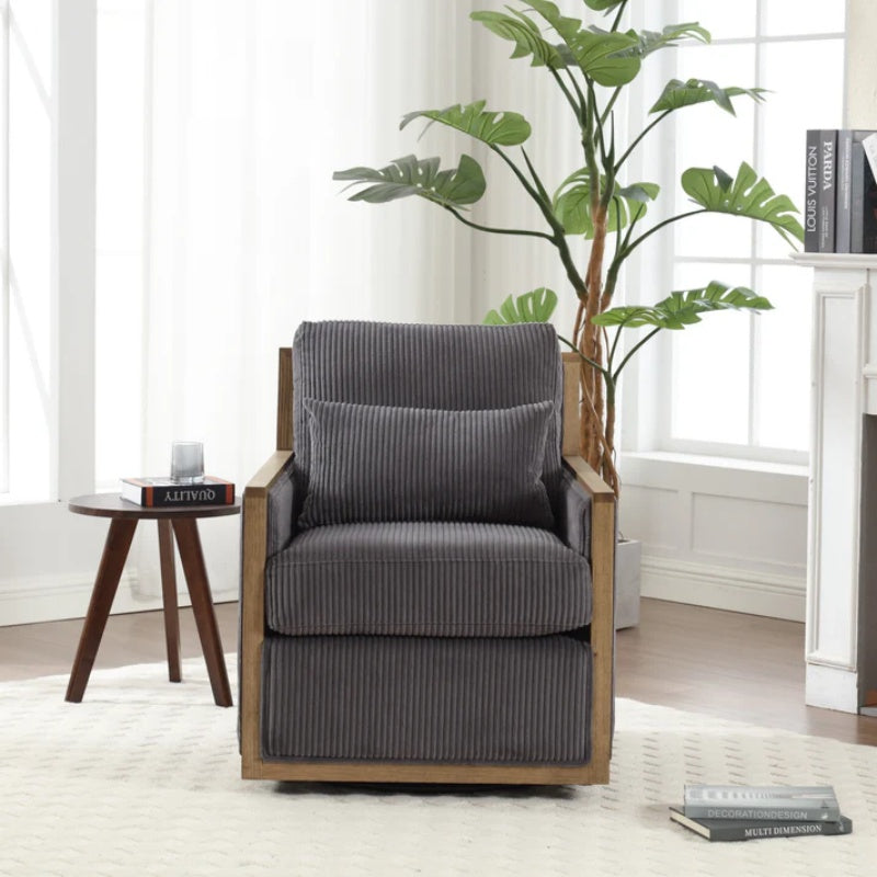 Dark Gray Corduroy Swivel Barrel Chair, Comfy Accent Sofa Chair with 360 Degree Rotation and Hardwood Frame-海智集-Default-