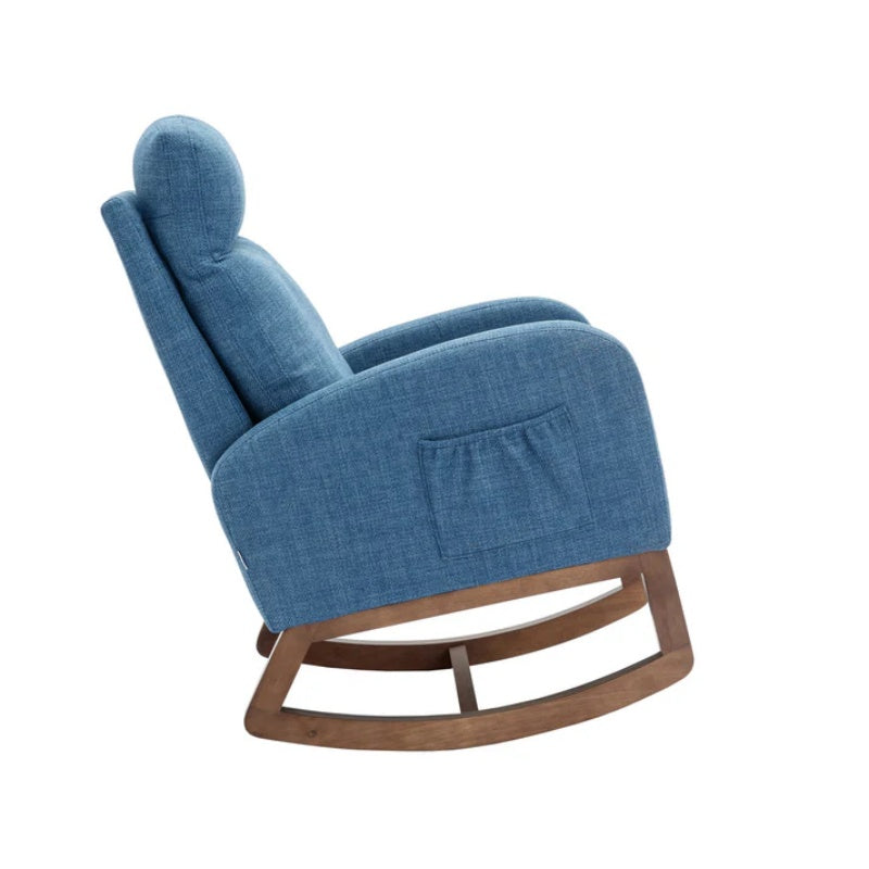Rocking Chair, Modern Glider Chair, Recliner Armchair with Wood Legs and Side Pocket, Nursery Rocking Accent Chair with High Back for Living Room Bedroom (Blue linen)-海智集-Default-