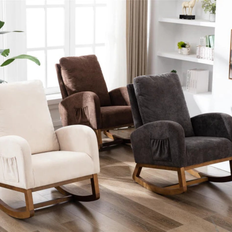 COOLMORE Rocking Chair, Modern Glider Chair, Recliner Armchair with Wood Legs and Side Pocket, Nursery Rocking Accent Chair with High Back for Living Room Bedroom (Beige linen)-海智集-Default-