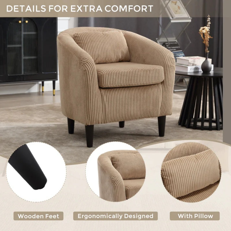 COOLMORE Living Room Accent Barrel Chair, Century Modern Style Decorative Chair, Armchair for Living Room with Thick Cushions and Pillows, Comfy Single Sofa Chair, Chair with Wooden Legs,Camel-海智集-Default-