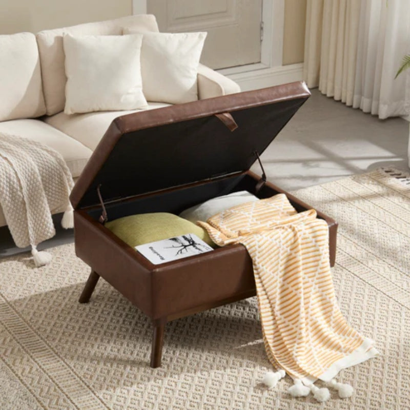 Mid-century modern square coffee table storage bench, assembled, suitable for living room, entryway and family room, used as a coffee table, stirrups, shoe bench-海智集-Default-
