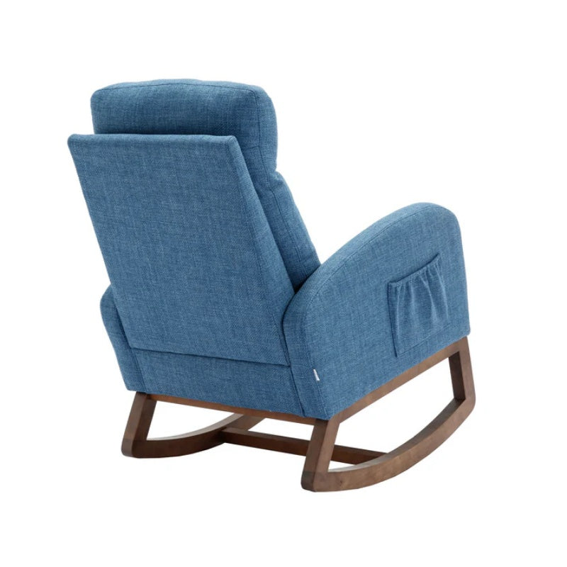 Rocking Chair, Modern Glider Chair, Recliner Armchair with Wood Legs and Side Pocket, Nursery Rocking Accent Chair with High Back for Living Room Bedroom (Blue linen)-海智集-Default-