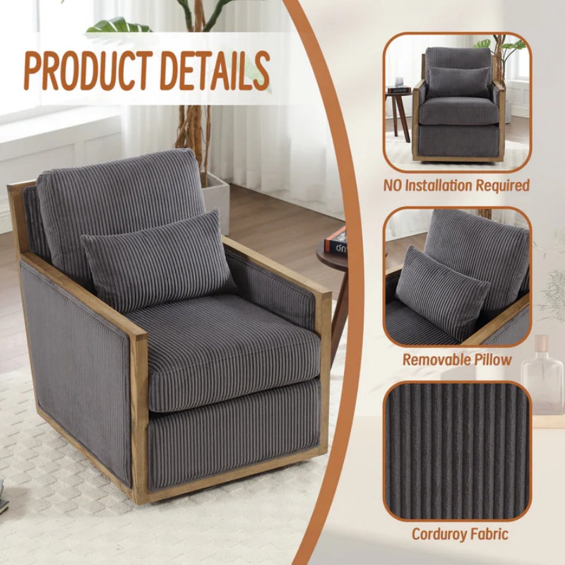 Dark Gray Corduroy Swivel Barrel Chair, Comfy Accent Sofa Chair with 360 Degree Rotation and Hardwood Frame-海智集-Default-