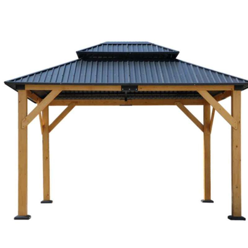 Fir Wood Carport Pavilion Gazebo, Wooden Coated steel Frame Canopy with Steel Double Roof, Outdoor Permanent Metal Pavilion with Netting for Patio-海智集-Default-