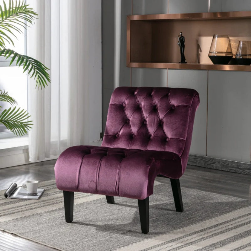 COOLMORE Modern Velvet Armless Accent Living Room Chair / Leisure Chair,Upholstered Fabric Button Comfortable Chair with Wooden Legs for Bedroom, Living Room, Office (Purple Velvet)-海智集-Default-
