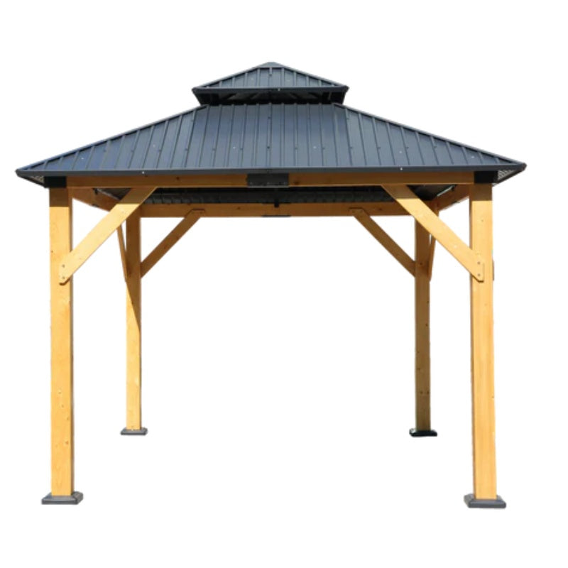 Fir Wood Carport Pavilion Gazebo, Wooden Coated steel Frame Canopy with Steel Double Roof, Outdoor Permanent Metal Pavilion with Netting for Patio-海智集-Default-