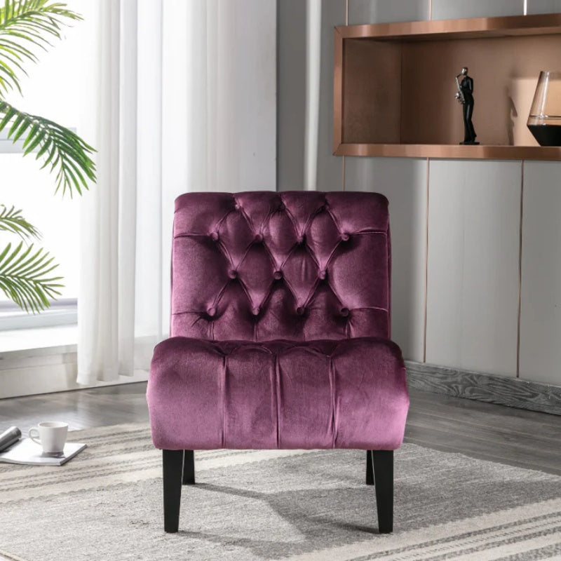 COOLMORE Modern Velvet Armless Accent Living Room Chair / Leisure Chair,Upholstered Fabric Button Comfortable Chair with Wooden Legs for Bedroom, Living Room, Office (Purple Velvet)-海智集-Default-