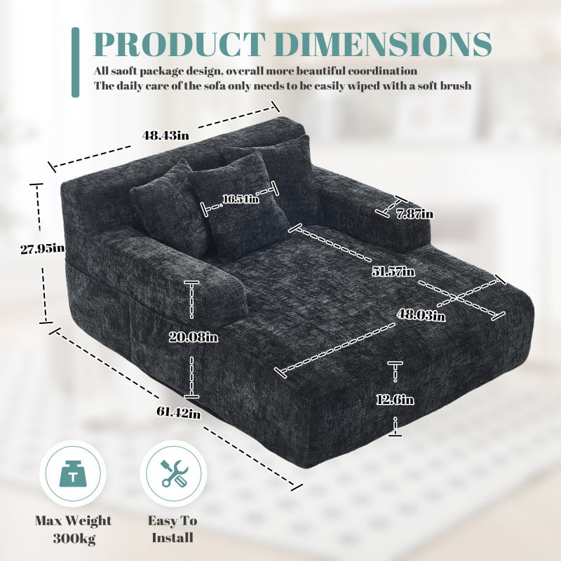 Chenille Interior Lazy Sofa Chaise Lounge Armchair with Three Pillows and Armrests, Black, Soft Chenille, 61.42x48.43x27.95 inches-海智集-Default-