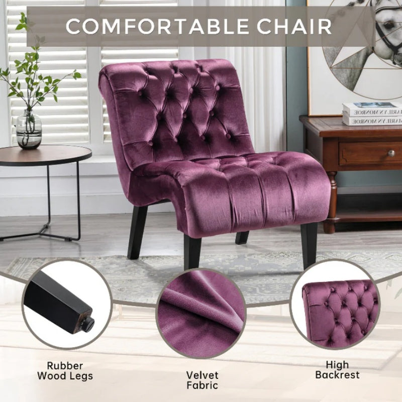 COOLMORE Modern Velvet Armless Accent Living Room Chair / Leisure Chair,Upholstered Fabric Button Comfortable Chair with Wooden Legs for Bedroom, Living Room, Office (Purple Velvet)-海智集-Default-