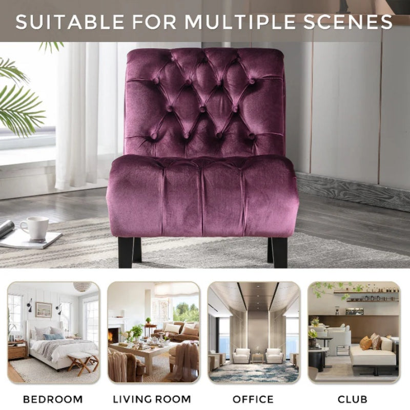 COOLMORE Modern Velvet Armless Accent Living Room Chair / Leisure Chair,Upholstered Fabric Button Comfortable Chair with Wooden Legs for Bedroom, Living Room, Office (Purple Velvet)-海智集-Default-