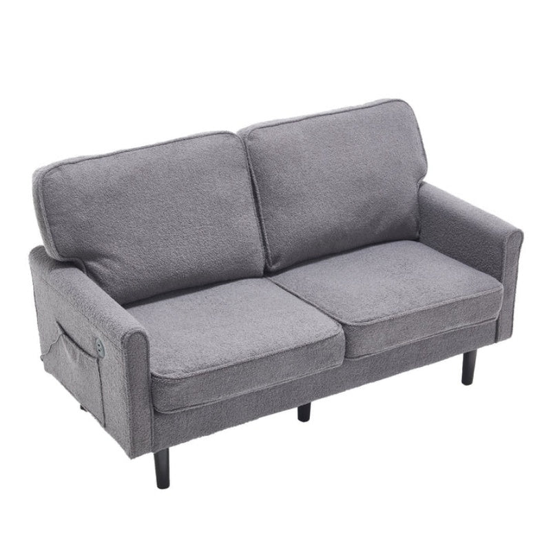Mid Century Modern Loveseat Sofa, 2 Seater with USB & Removable Pillow Cover, Gray Boucle-海智集-Default-