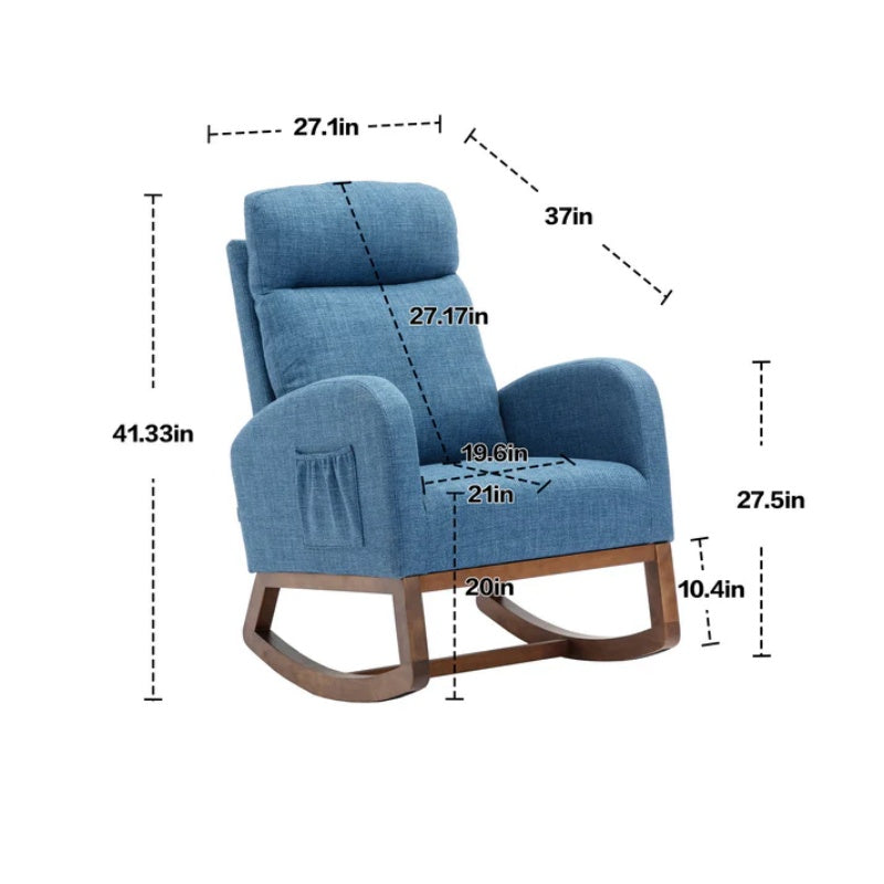 Rocking Chair, Modern Glider Chair, Recliner Armchair with Wood Legs and Side Pocket, Nursery Rocking Accent Chair with High Back for Living Room Bedroom (Blue linen)-海智集-Default-