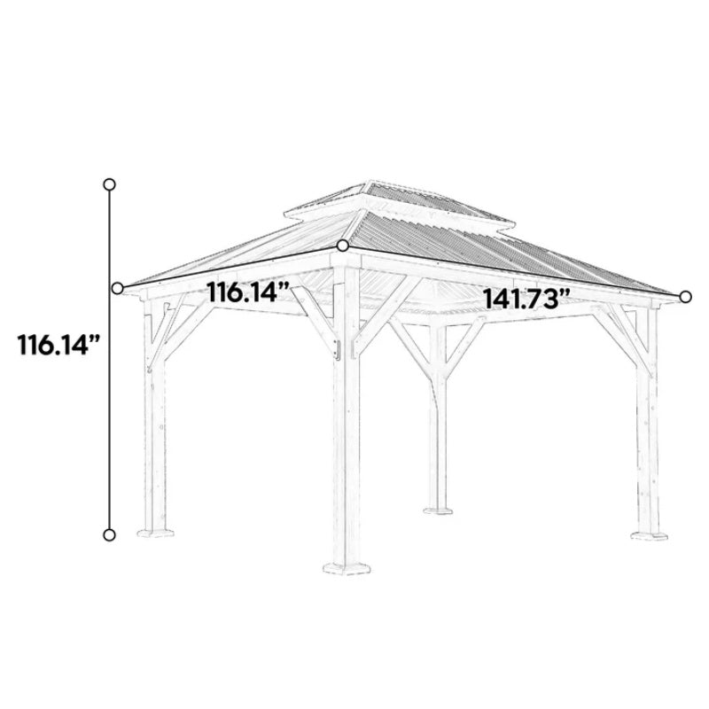 Fir Wood Carport Pavilion Gazebo, Wooden Coated steel Frame Canopy with Steel Double Roof, Outdoor Permanent Metal Pavilion with Netting for Patio-海智集-Default-