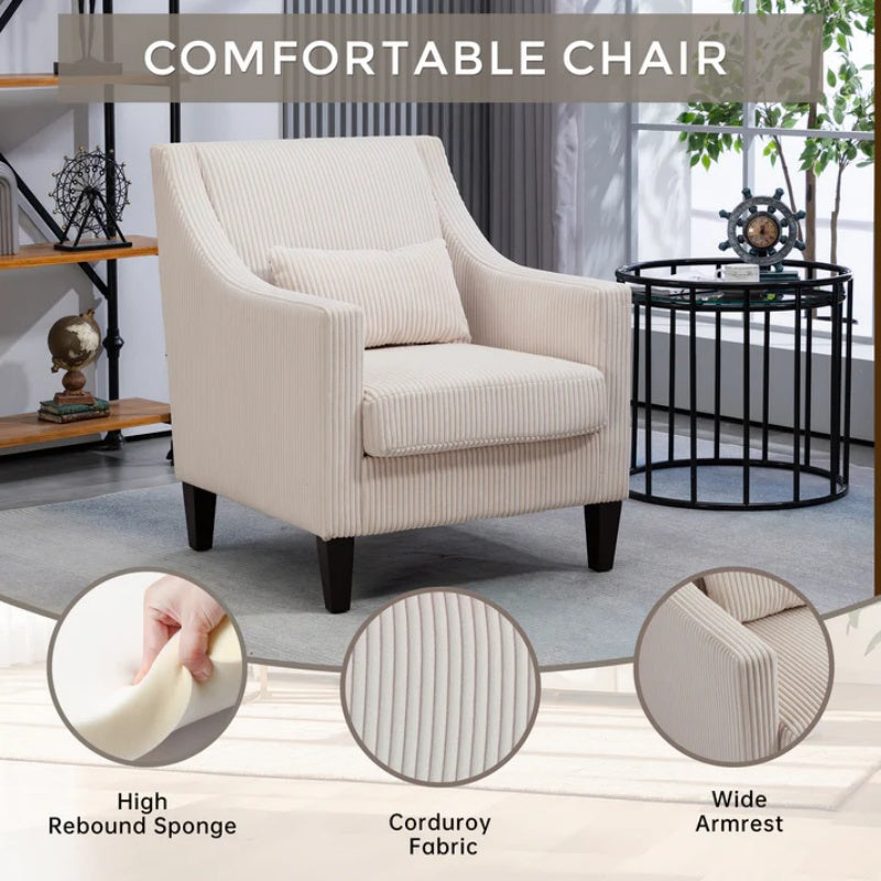 COOLMORE Modern Accent Chair,Upholstered Armchair with Scooped Arms for Bedroom,Apartment,Studio,Office,Waiting Room(Beige Corduroy)-海智集-Default-