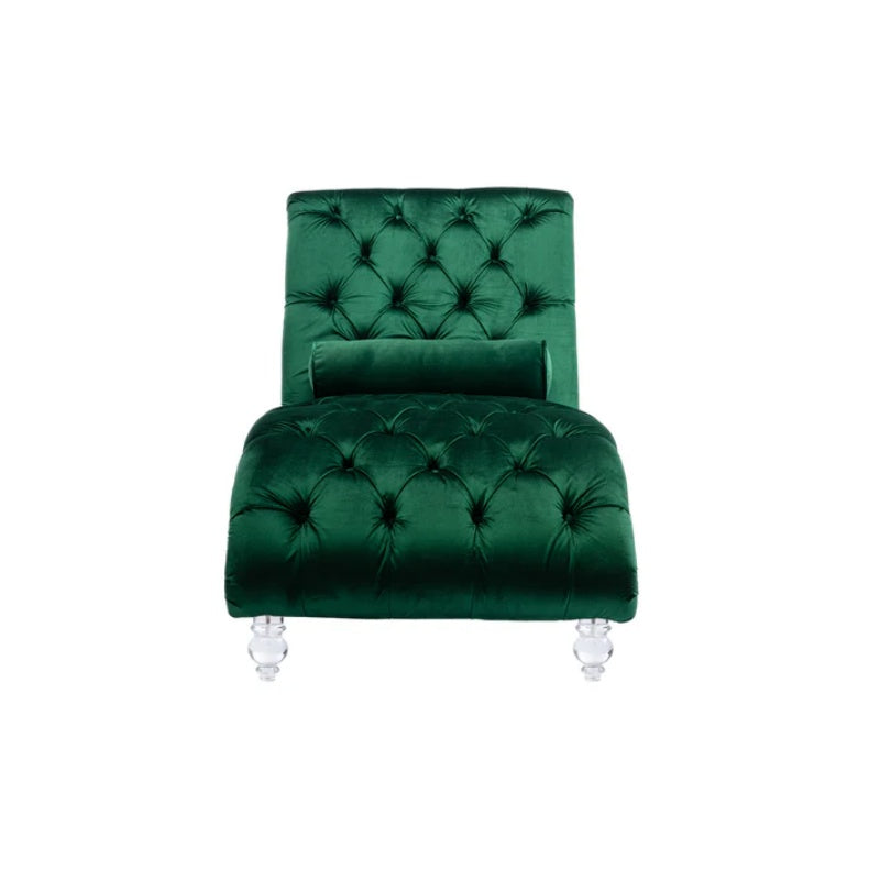 Velvet Button-Tufted Upholstered Chaise Lounge Chair with Pillow for Bedroom Living Room Office, Emerald Velvet-海智集-Default-