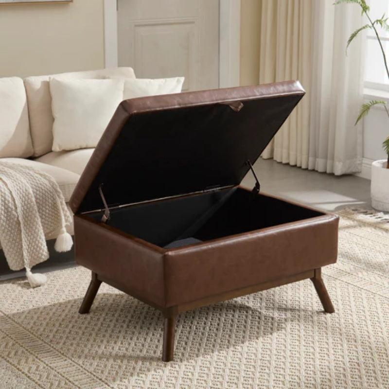 Mid-century modern square coffee table storage bench, assembled, suitable for living room, entryway and family room, used as a coffee table, stirrups, shoe bench-海智集-Default-