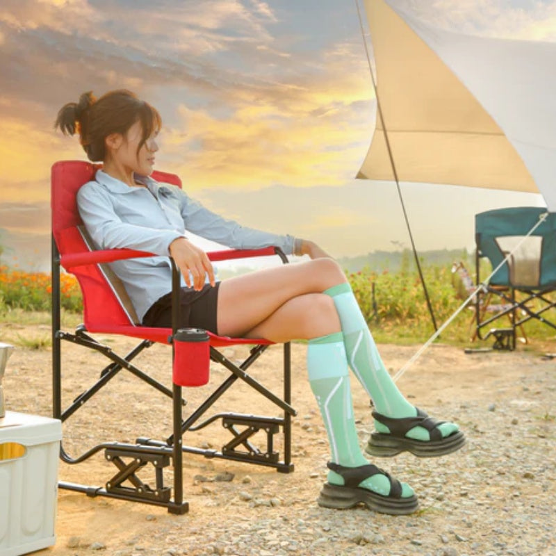 Outdoor Freestyle Rocker Camping Chair Portable Folding Rocking Chair with Solid, Durable Armrests, Drink Holder & Comfortable Backrest -Red-海智集-Default-