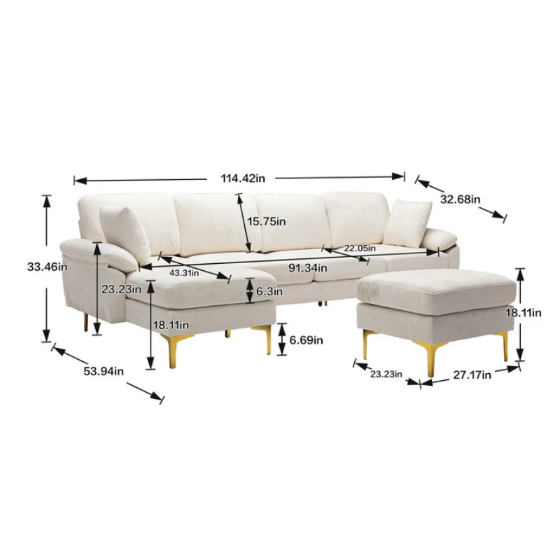 COOLMORE U-shape sectional sofa with Ottoman , Reversible Sofa Couch for Living Room,Spacious Furniture,Durable Couch Removable and machine washable cover (White Teddy)-海智集-Default-