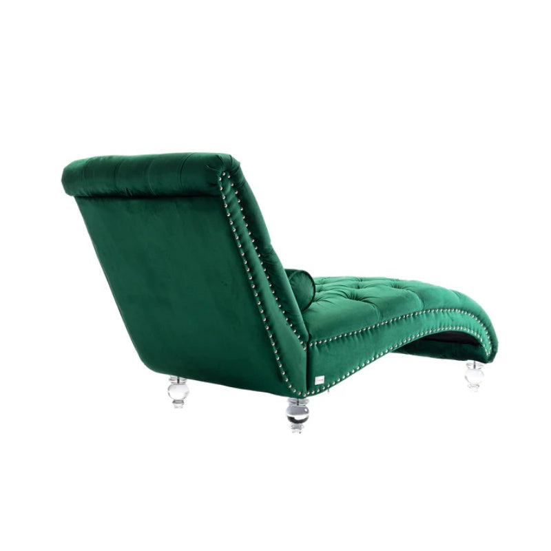 Velvet Button-Tufted Upholstered Chaise Lounge Chair with Pillow for Bedroom Living Room Office, Emerald Velvet-海智集-Default-