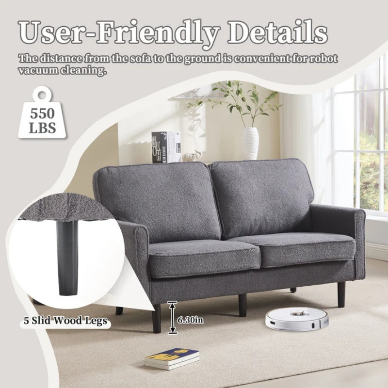 Mid Century Modern Loveseat Sofa, 2 Seater with USB & Removable Pillow Cover, Gray Boucle-海智集-Default-