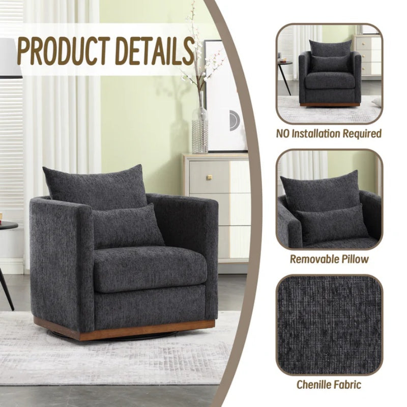 COOLMORE Swivel Barrel Chair, Comfy Round Accent Sofa Chair for Living Room, 360 Degree Swivel Barrel Club Chair, Leisure Arm Chair for Nursery, Hotel, Bedroom, Office, Lounge (Carbon Black Chenille)-海智集-Default-