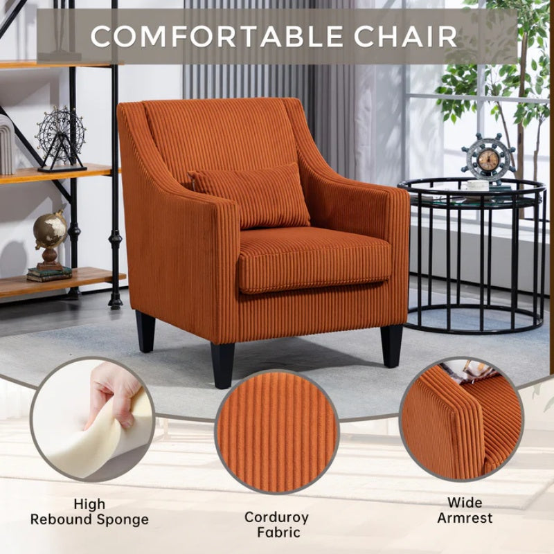 COOLMORE Modern Accent Chair,Upholstered Armchair with Scooped Arms for Bedroom,Apartment,Studio,Office,Waiting Room(Orange Corduroy)-海智集-Default-
