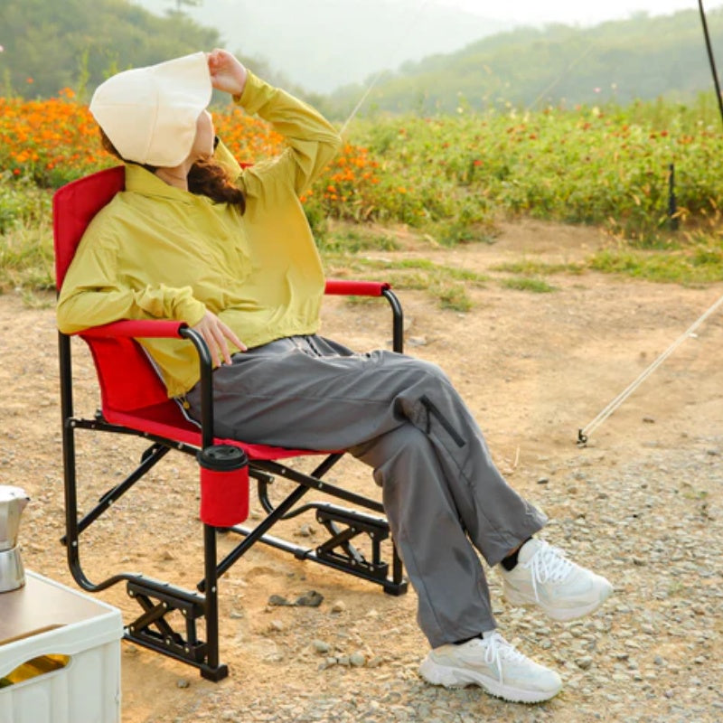 Outdoor Freestyle Rocker Camping Chair Portable Folding Rocking Chair with Solid, Durable Armrests, Drink Holder & Comfortable Backrest -Red-海智集-Default-