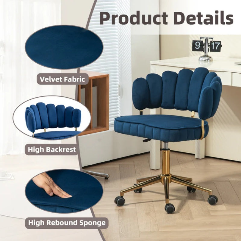 Modern Velvet Home Office Desk Chair with Adjustable Height and Swivel Wheels in Navy-海智集-Default-