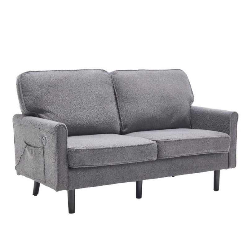 Mid Century Modern Loveseat Sofa, 2 Seater with USB & Removable Pillow Cover, Gray Boucle-海智集-Default-