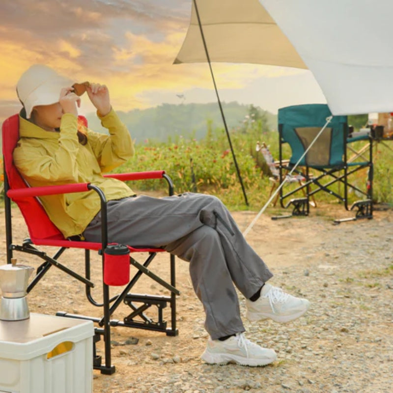 Outdoor Freestyle Rocker Camping Chair Portable Folding Rocking Chair with Solid, Durable Armrests, Drink Holder & Comfortable Backrest -Red-海智集-Default-