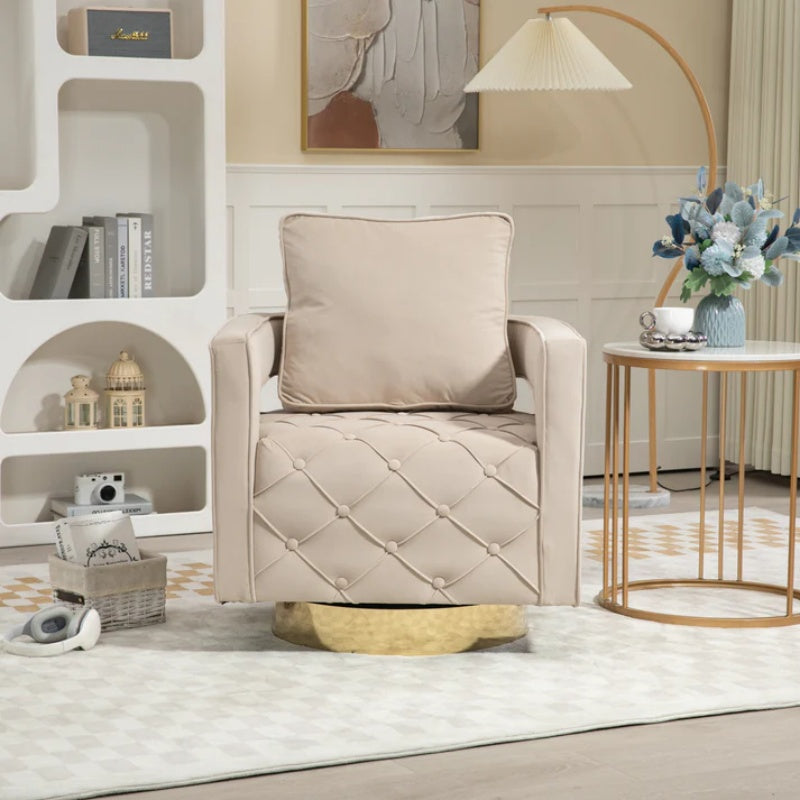 Swivel Accent Chair - Modern Accent Chair with Pillow, Velvet Armchair Side Chair with Tufted Button for Living Room, Bedroom, Office(Beige)-海智集-Default-