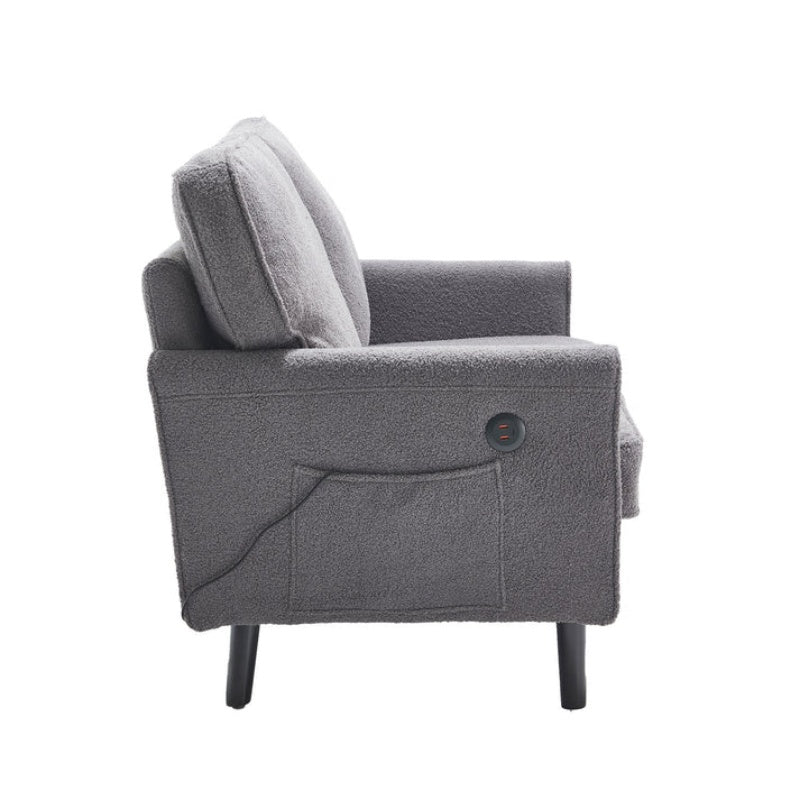 Mid Century Modern Loveseat Sofa, 2 Seater with USB & Removable Pillow Cover, Gray Boucle-海智集-Default-