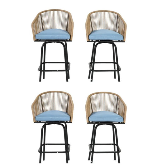 Outdoor Bar Stools Set of 4, 4-Piece Patio Bar Stools with Armrests, All Weather Rattan Bar Chairs with Backrest, Wicker Bar Stools for Backyard, Garden, Pool, Balcony and Deck-Blue-海智集-Default-