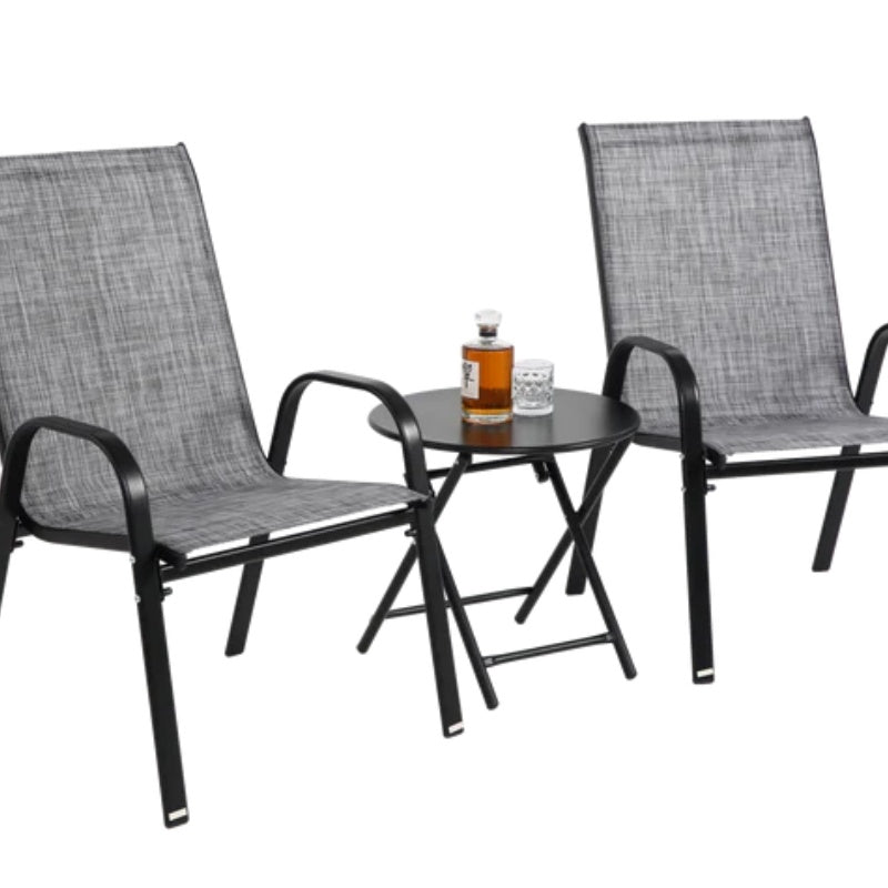 3 Piece Patio set, Outdoor Camping Chairs with Breathable Textilene Fabric, folding table with steel table top, 2chairs and 1table set ( Grey)-海智集-Default-