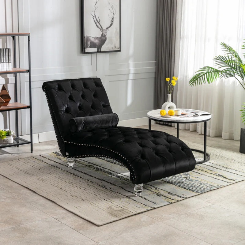 Velvet Chaise Lounge Indoor, Button-Tufted Upholstered Chair with Pillow, Black Velvet, 63.38x28.94x34.05 inches-海智集-Default-