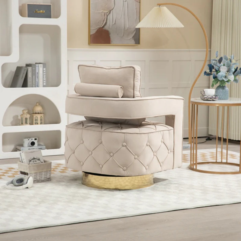 Swivel Accent Chair - Modern Accent Chair with Pillow, Velvet Armchair Side Chair with Tufted Button for Living Room, Bedroom, Office(Beige)-海智集-Default-