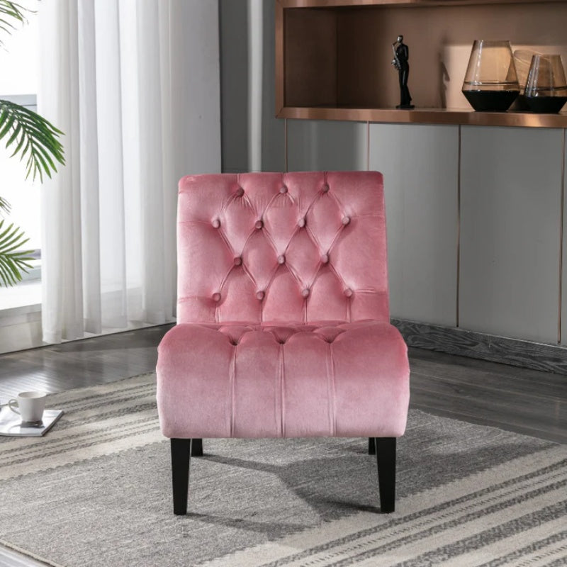 COOLMORE Modern Velvet Armless Accent Living Room Chair / Leisure Chair,Upholstered Fabric Button Comfortable Chair with Wooden Legs for Bedroom, Living Room, Office (Pink Velvet)-海智集-Default-