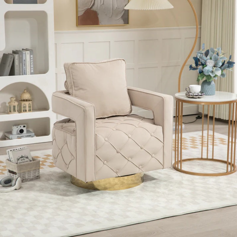 Swivel Accent Chair - Modern Accent Chair with Pillow, Velvet Armchair Side Chair with Tufted Button for Living Room, Bedroom, Office(Beige)-海智集-Default-