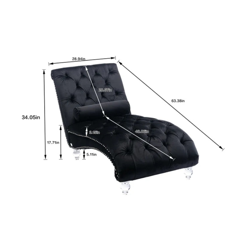 Velvet Chaise Lounge Indoor, Button-Tufted Upholstered Chair with Pillow, Black Velvet, 63.38x28.94x34.05 inches-海智集-Default-