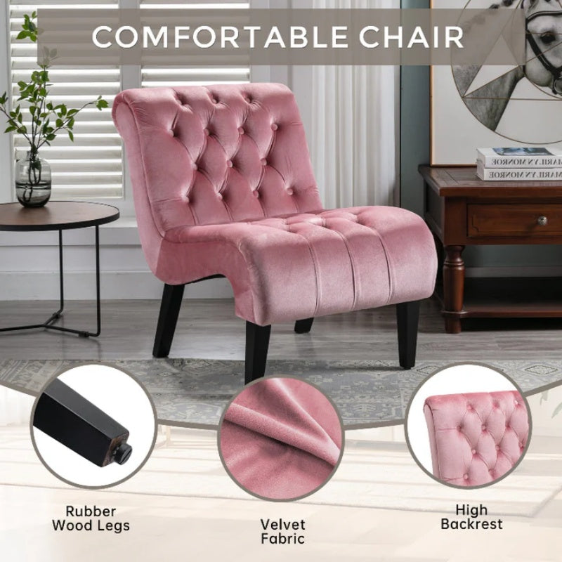 COOLMORE Modern Velvet Armless Accent Living Room Chair / Leisure Chair,Upholstered Fabric Button Comfortable Chair with Wooden Legs for Bedroom, Living Room, Office (Pink Velvet)-海智集-Default-