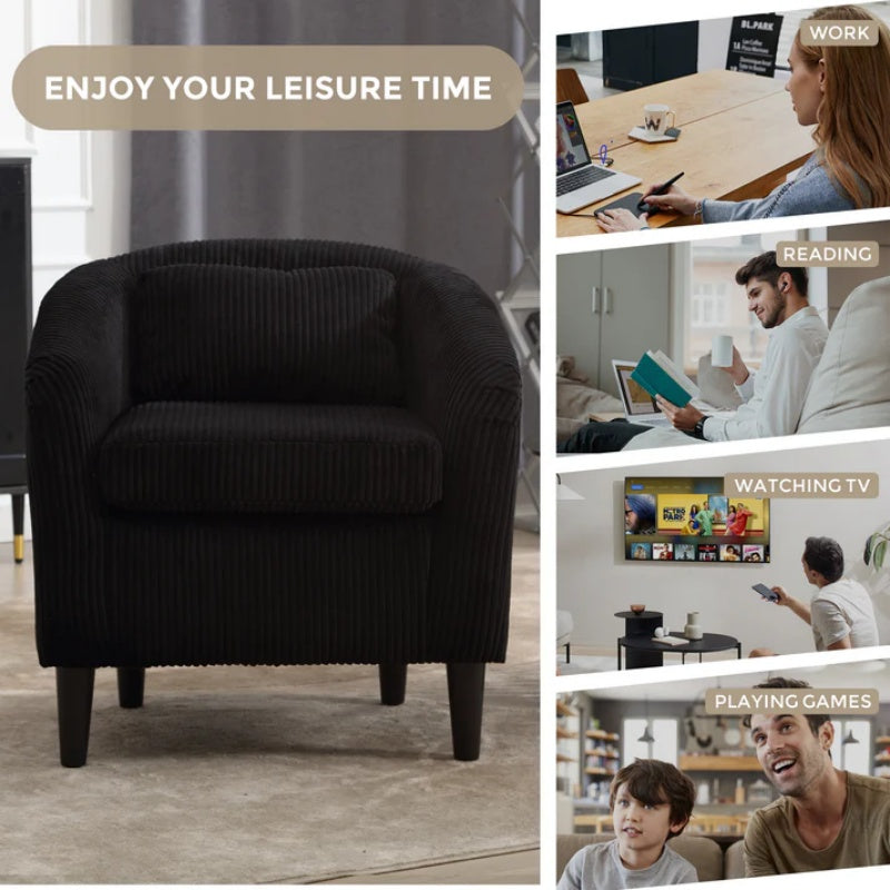 COOLMORE Living Room Accent Barrel Chair, Century Modern Style Decorative Chair, Armchair for Living Room with Thick Cushions and Pillows, Comfy Single Sofa Chair, Chair with Wooden Legs,BLACK-海智集-Default-
