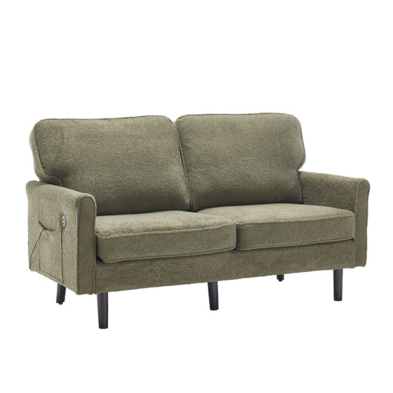 Mid Century Modern Loveseat Sofa with USB Ports, Removable Pillow Cover, Green Boucle Fabric, 56.3 Inches-海智集-Default-