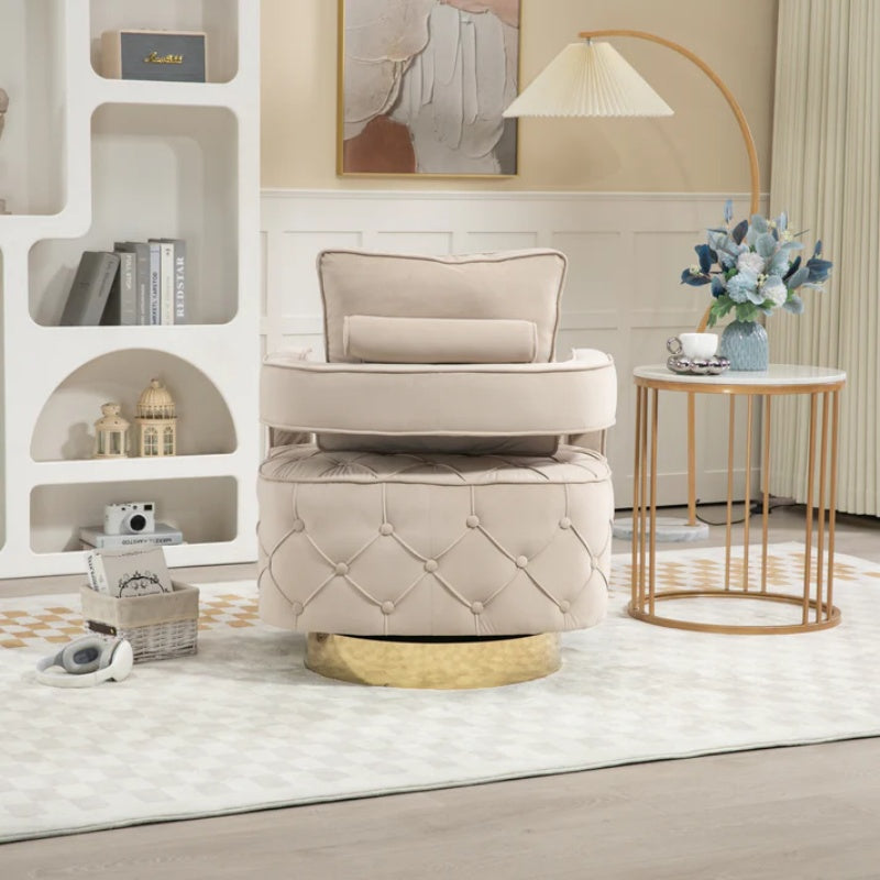 Swivel Accent Chair - Modern Accent Chair with Pillow, Velvet Armchair Side Chair with Tufted Button for Living Room, Bedroom, Office(Beige)-海智集-Default-