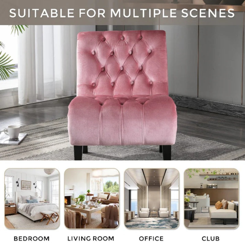 COOLMORE Modern Velvet Armless Accent Living Room Chair / Leisure Chair,Upholstered Fabric Button Comfortable Chair with Wooden Legs for Bedroom, Living Room, Office (Pink Velvet)-海智集-Default-