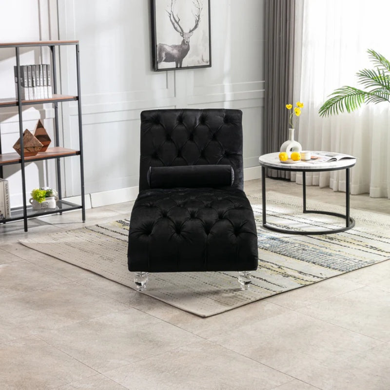 Velvet Chaise Lounge Indoor, Button-Tufted Upholstered Chair with Pillow, Black Velvet, 63.38x28.94x34.05 inches-海智集-Default-