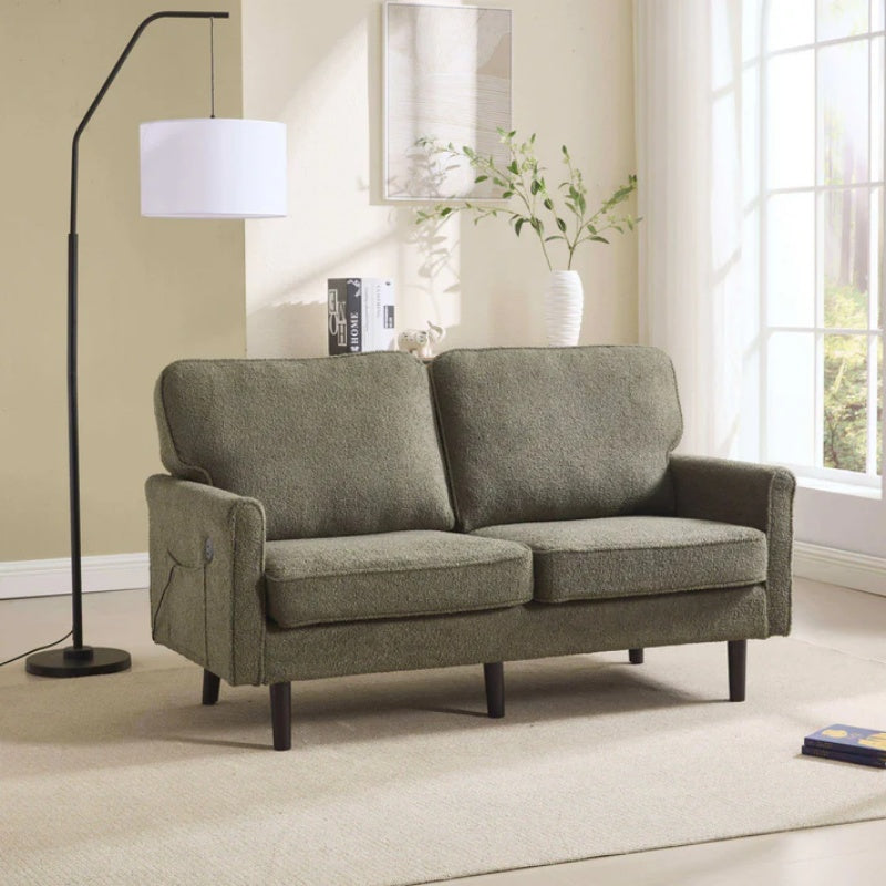 Mid Century Modern Loveseat Sofa with USB Ports, Removable Pillow Cover, Green Boucle Fabric, 56.3 Inches-海智集-Default-