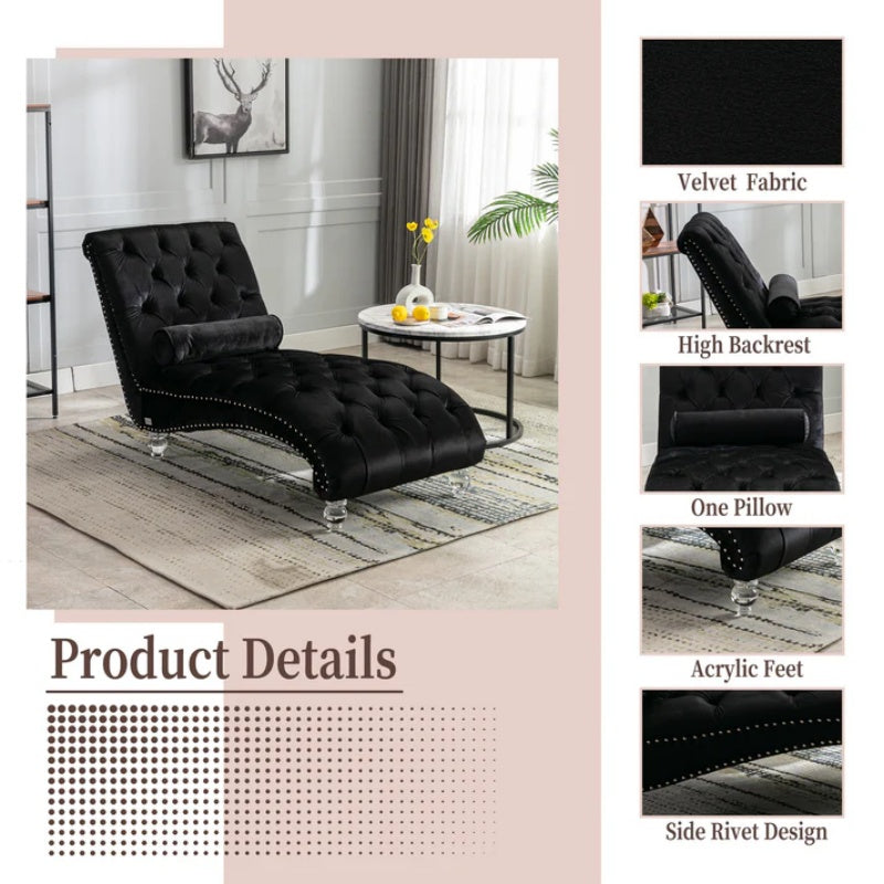 Velvet Chaise Lounge Indoor, Button-Tufted Upholstered Chair with Pillow, Black Velvet, 63.38x28.94x34.05 inches-海智集-Default-