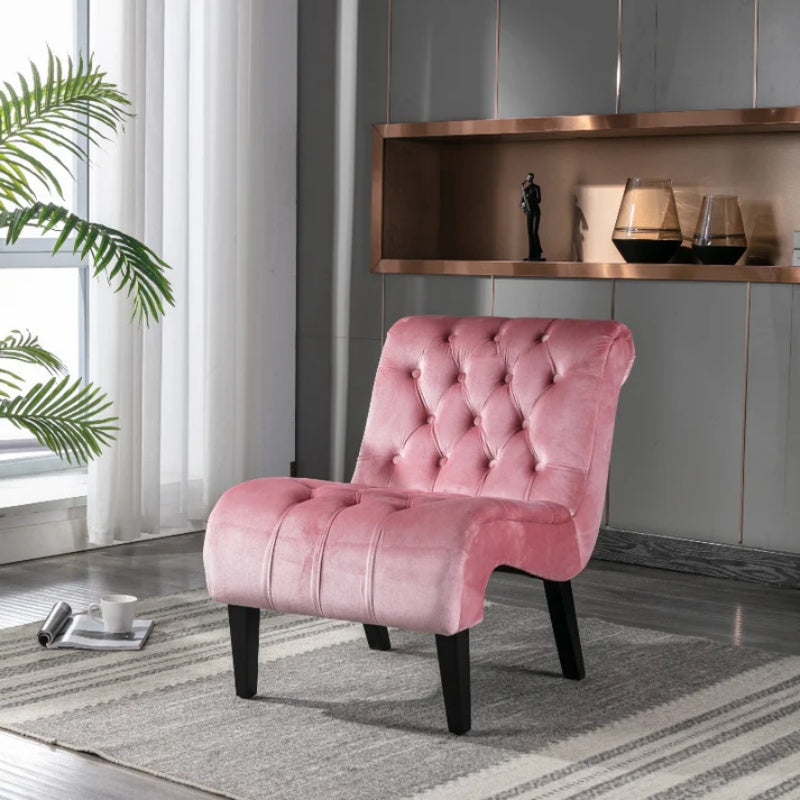 COOLMORE Modern Velvet Armless Accent Living Room Chair / Leisure Chair,Upholstered Fabric Button Comfortable Chair with Wooden Legs for Bedroom, Living Room, Office (Pink Velvet)-海智集-Default-