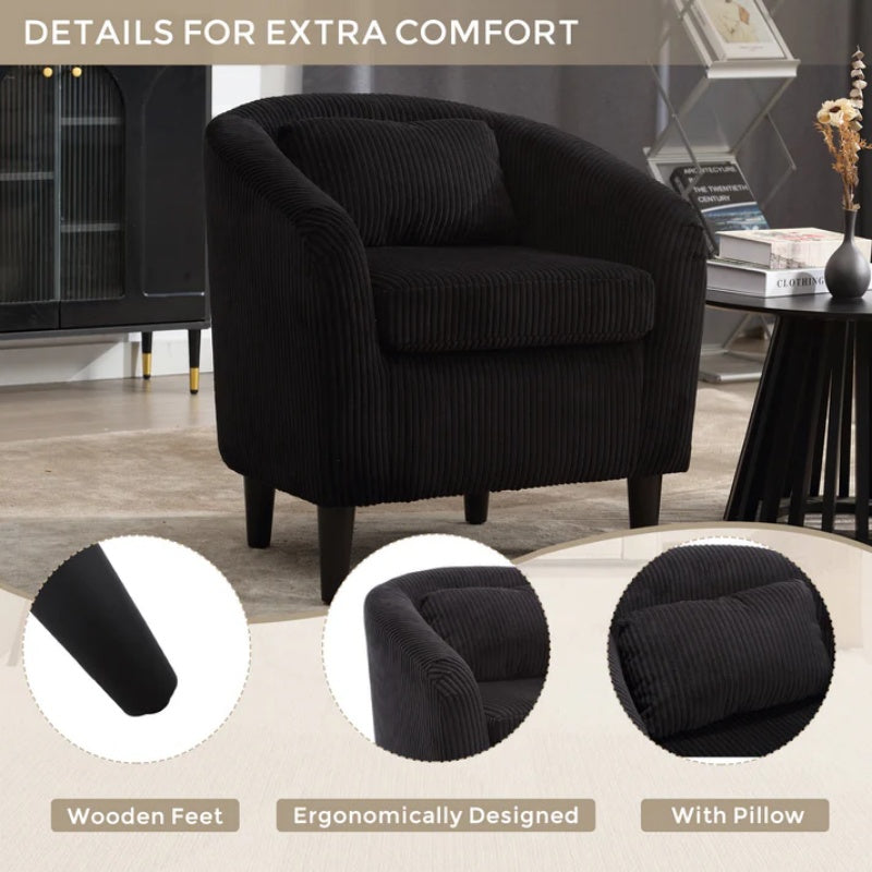 COOLMORE Living Room Accent Barrel Chair, Century Modern Style Decorative Chair, Armchair for Living Room with Thick Cushions and Pillows, Comfy Single Sofa Chair, Chair with Wooden Legs,BLACK-海智集-Default-